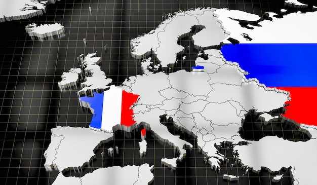 Foto kaart van europa vlaggen van frankrijk en rusland 3d illustratie