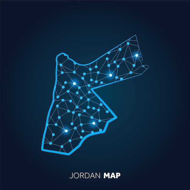Kaart van Jordanië gemaakt met aaneengesloten lijnen en gloeiende stippen