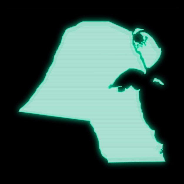 Foto kaart van koeweit, oud groen computerterminalscherm, op donkere achtergrond