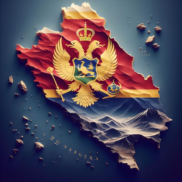 Kaart van Montenegro met zwevende vlag van het land realistische foto