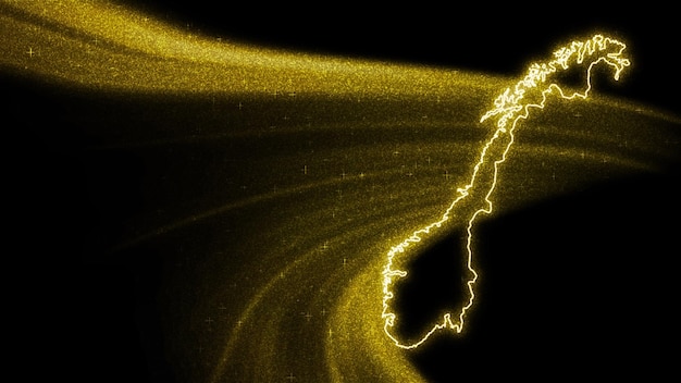 Kaart van Noorwegen, gouden glitterkaart op donkere achtergrond