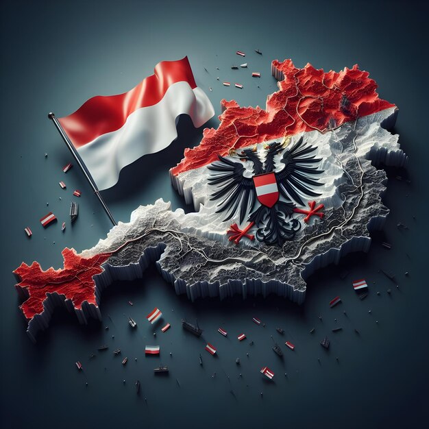 Kaart van Oostenrijk met zwevende vlag van het land realistische foto
