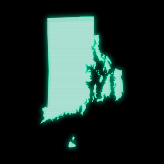 Kaart van Rhode Island, oud groen computerterminalscherm, op donkere achtergrond
