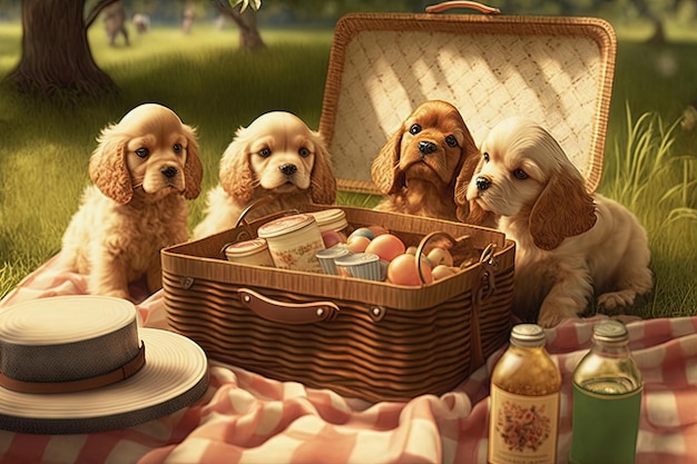 Kaart voor hondvriendelijke picknick met gelukkige puppy's AI