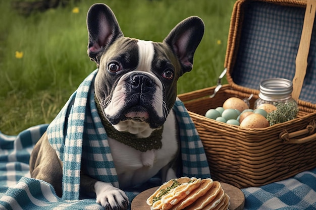 Kaart voor hondvriendelijke picknick met vrolijke franse bulldog AI