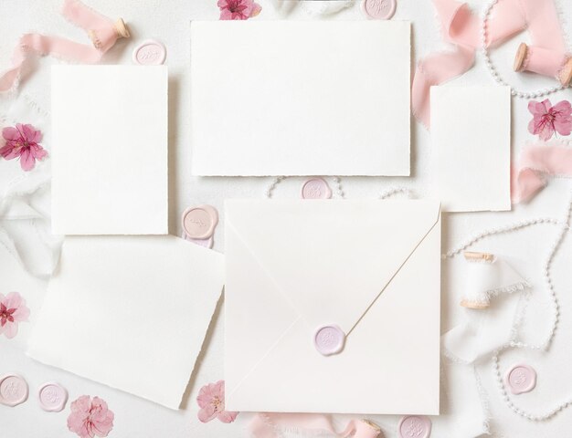 Foto kaarten en enveloppe in de buurt van roze decoraties zegels en linten op witte tafel top view bruiloft mockup