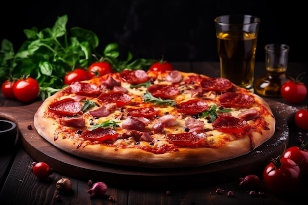 Kaas basilicum fastfood voedsel zwarte maaltijd achtergrond pizza tomaten kopieerruimte Italiaans Generatieve AI