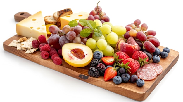 Kaas- en fruitplaat met een verscheidenheid aan kazen, vlees en bessen op een houten bord