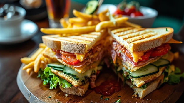 Kaas, komkommer, tomaat en gerookt spek club sandwich in een close-up heerlijke Generatieve AI