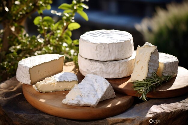 Kaas met schimmel en kruiden op houten bord Camembert en dorblu op houten achtergrond Zuivelproducten