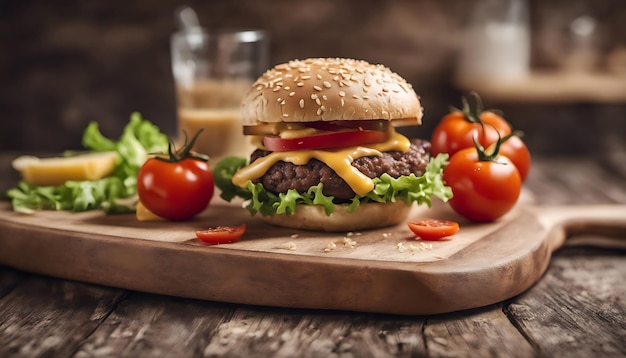 Kaasburger Amerikaanse kaasburger met frisse salade op houten ondergrond