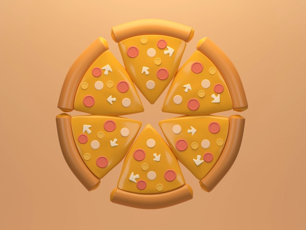 Kaaspizza in gelijke stukken gesneden op de achtergrond Plat leggen van vier kaaspizza 3D-rendering