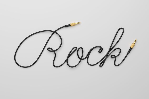 Kabel met audio-aansluiting Rock woord gevormd op grijze achtergrond 3D-rendering