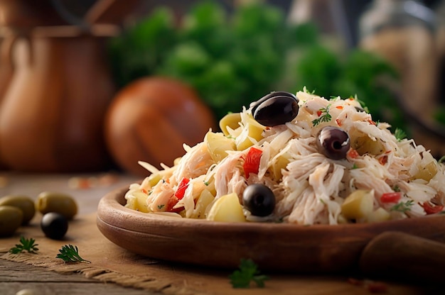 Kabeljauwsalade met aardappelen en olijven in plaat op rustieke houten tafel AI gegenereerd