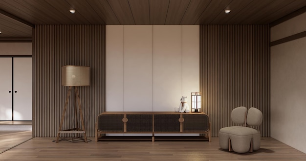 Kabinet houten japandi ontwerp op woonkamer muji stijl lege muur achtergrond