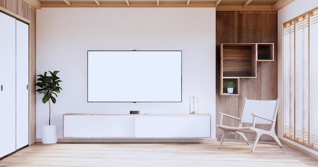 Kabinet houten Japans ontwerp op woonkamer minimalistische lege muur background3D rendering