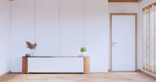 Kabinet houten japans ontwerp op woonkamer minimalistische lege muur background3d rendering