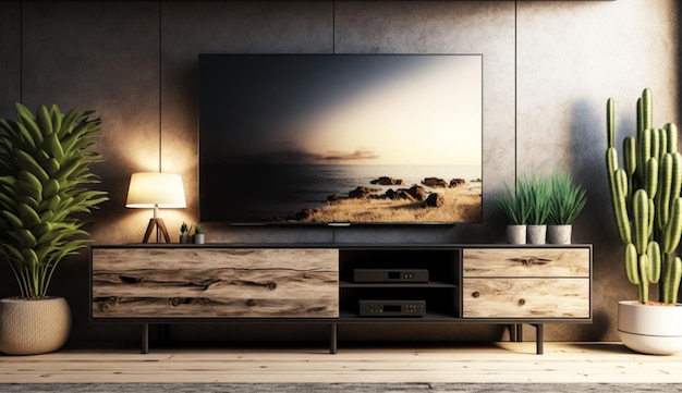 Kabinet Tv in moderne woonkamer met decoratie op houten muurachtergrond Generatieve AI