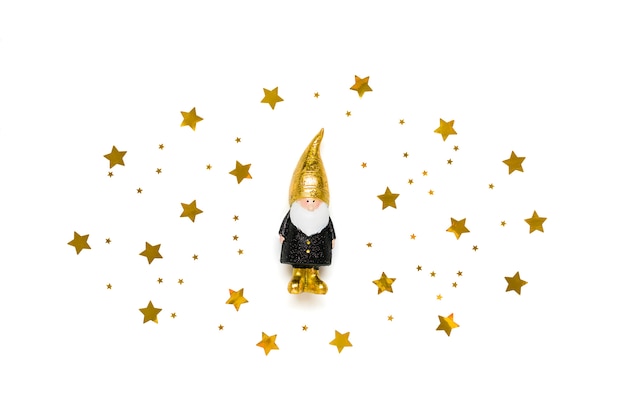 Kabouter versierd met pailletten in zwarte, gouden kleur en ster schitteren geïsoleerd op een witte achtergrond.