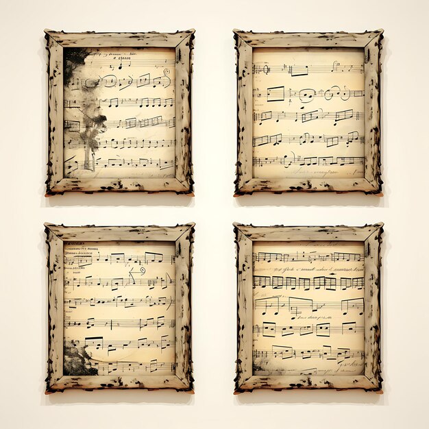 Kader van gerecycled muziekbladpapier met verouderde Sepia-tonen Vintage Ins 2D plat op wit BG Wall Art