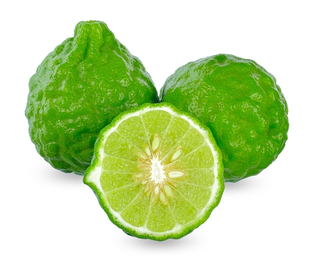 Kaffir lime orBergamot fruit isolated on white background Bergamot clipping path