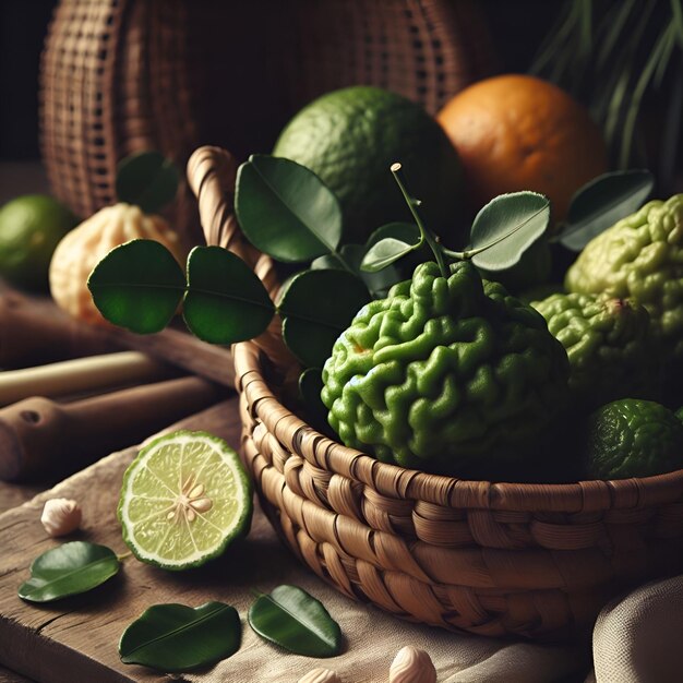 kaffir lime in a wicker basket