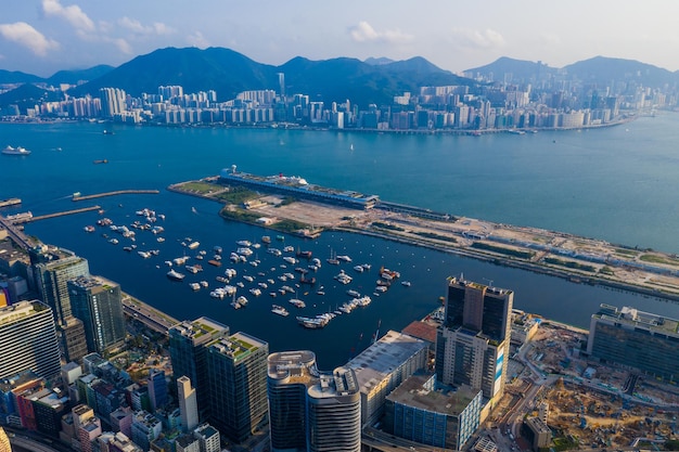 Kai Tak, Hong Kong 25 april 2019: bovenaanzicht van de stad Hong Kong