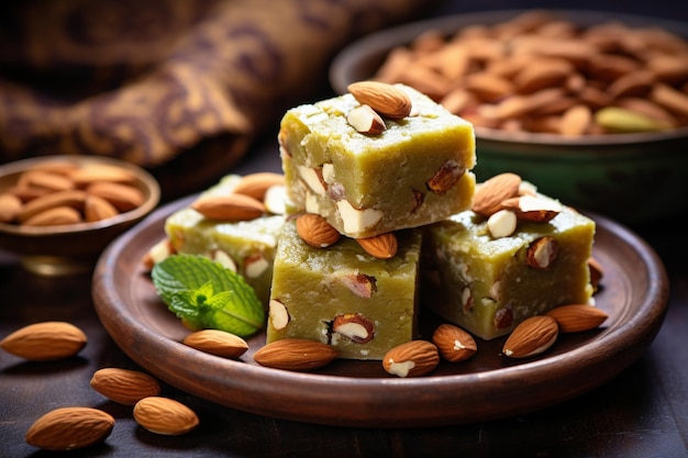 Фото kaju gulkand paan mithai barfi индийский сладкий или десерт, подаваемый на тарелке