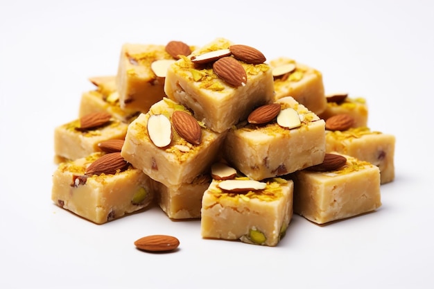 Kalakand burfi is an Indian sweet made from milk and sugar It is also known as alwar mawa qalaqand barfi and is often served on a white background