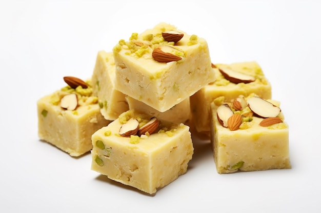 Kalakand burfi is an Indian sweet made from milk and sugar It is also known as alwar mawa qalaqand barfi and is often served on a white background