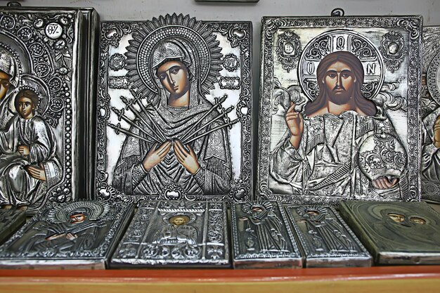 Kalambaka, Greece - September 17, 2019: Orthodox icons in a church shop, church faith concept