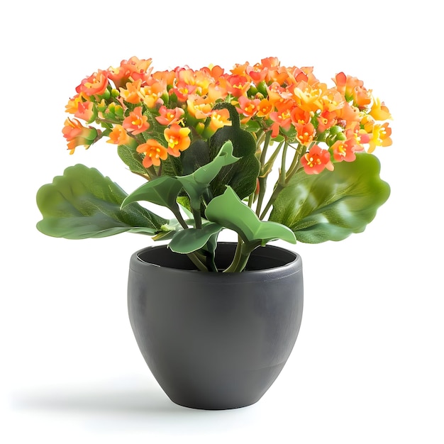 Kalanchoe in modern design round pot isolated on a white background Plant with red flowers