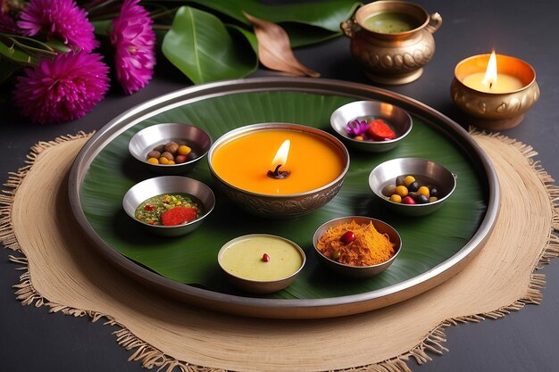 Photo kalash traditional pachadi diya oil lamp and pooja thali tray for indian new year