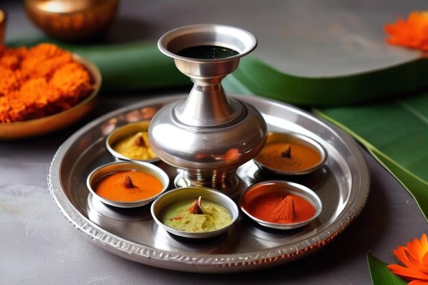 Photo kalash traditional pachadi diya oil lamp and pooja thali tray for indian new year