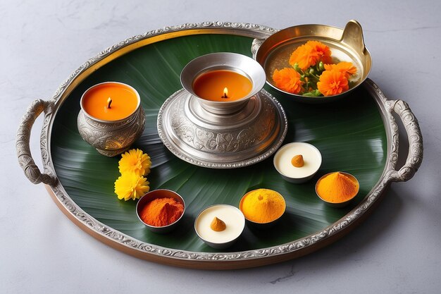 Photo kalash traditional pachadi diya oil lamp and pooja thali tray for indian new year