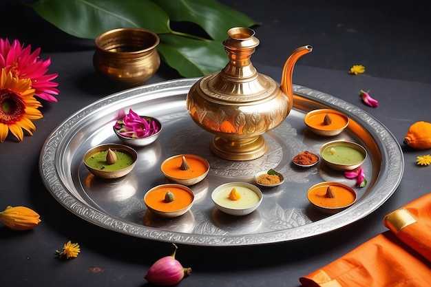 Photo kalash traditional pachadi diya oil lamp and pooja thali tray for indian new year