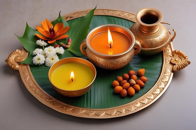 Photo kalash traditional pachadi diya oil lamp and pooja thali tray for indian new year