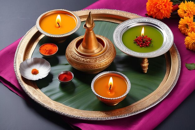 Kalash traditional pachadi diya oil lamp and pooja thali tray for Indian New Year