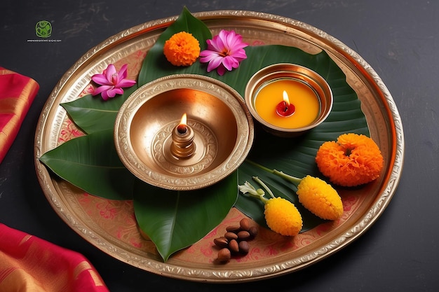 Photo kalash traditional pachadi diya oil lamp and pooja thali tray for indian new year