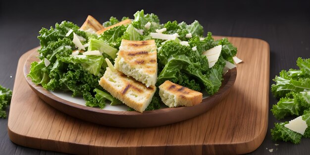 Foto kale caesar salad met boerenkool, selderij, parmesan, gegrild brood op het bord