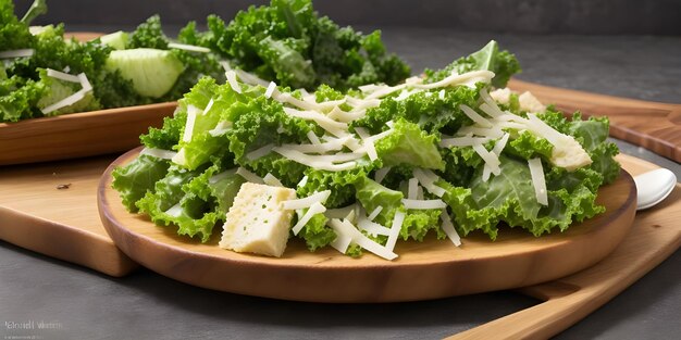 KALE CAESAR SALAD met boerenkool, selderij, parmesan, gegrild brood op het bord