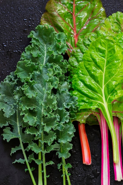 Kale en snijbiet in verschillende maten en kleuren op een donkere achtergrond waterdruppels