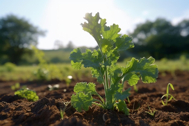 生成 AI を使用して田舎の夏の晴れた日に畑で育つケール植物