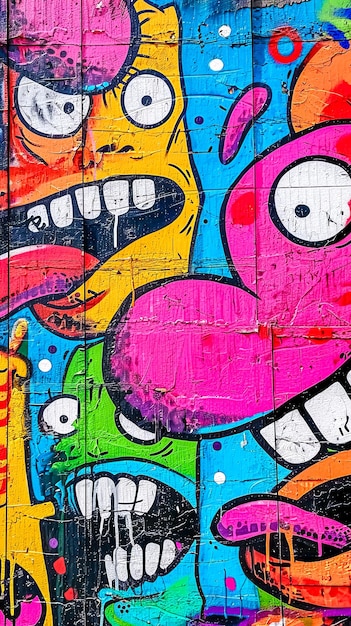 Kaleidoscope of animated faces in vibrant street art vertivcal