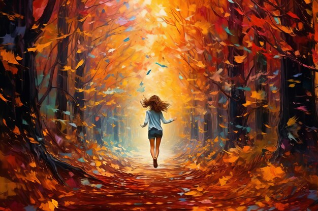 A kaleidoscope journey a girl's colorful encounter in the autumn forest