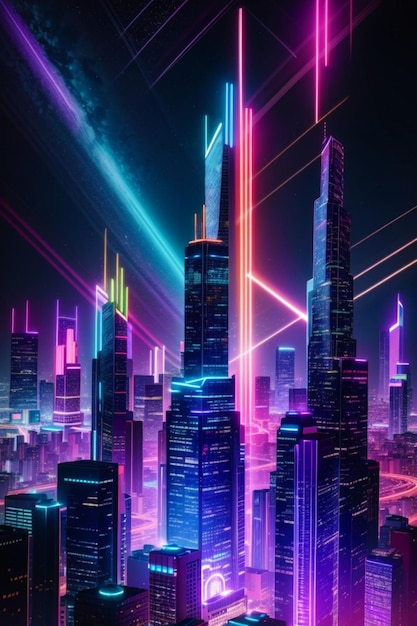 A kaleidoscope of neon lights dance across the night sky illuminating the towering skyscrapers