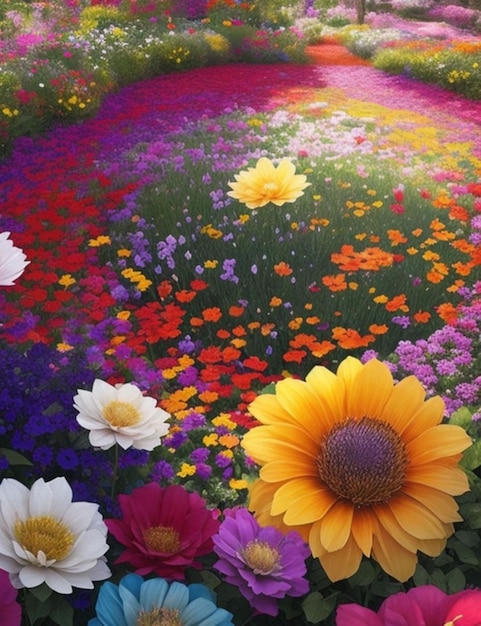 A kaleidoscope of petals dancing in the wind creating a vibrant and beautiful garden