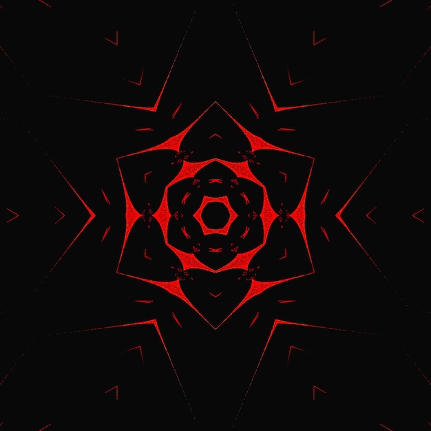 Kaleidoscope of a red flower is indistinctly imprinted on black stencil effect