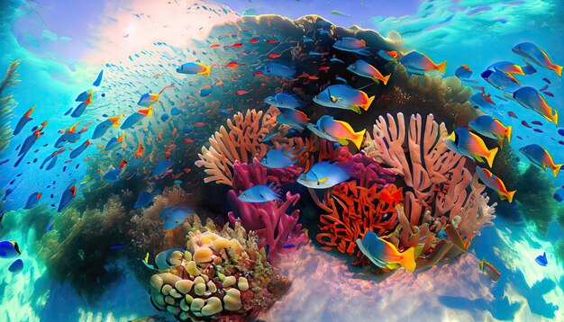 Photo a kaleidoscope of vibrant fish dart through a sundrenched coral reef