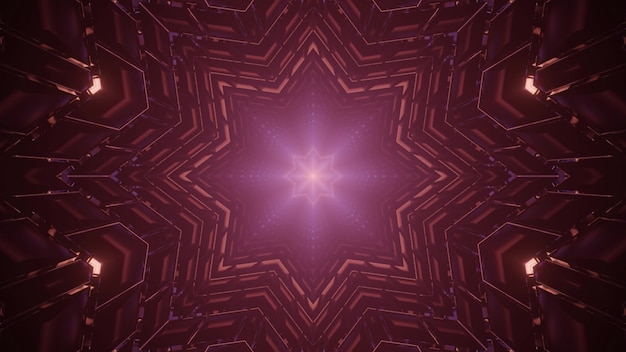 Kaleidoscopic 3D illustration of abstract background of symmetric star shaped ornament of dark red color